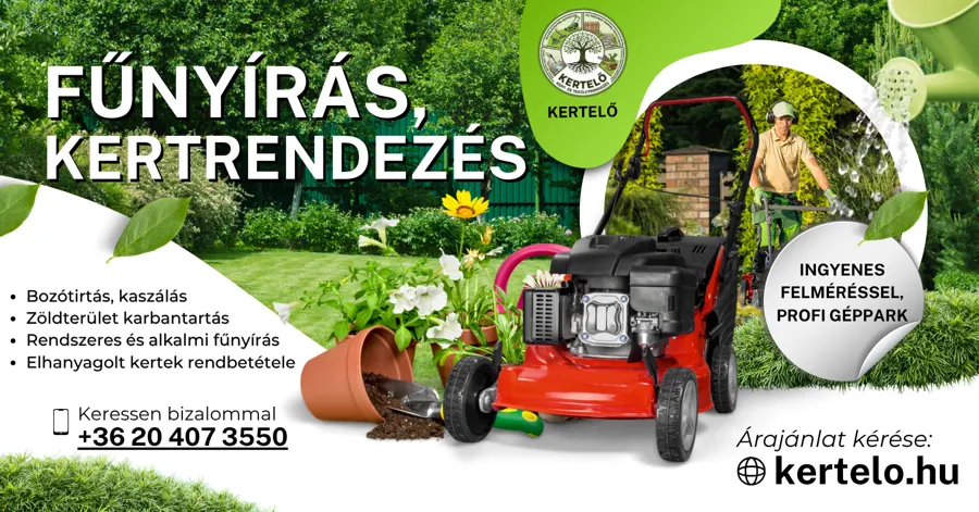Plakát · Fűnyírás, kertrendezés, ingyenes felmérés